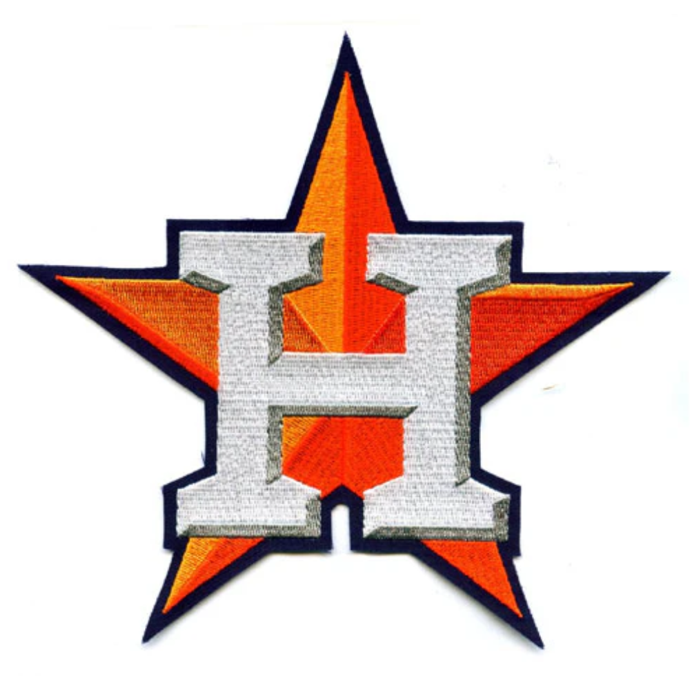 High-density embroidered Houston Astros H star logo patch featuring a bold orange five-point star overlaid with a textured white and silver capital letter H