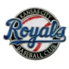 This embroidered Kansas City Royals Baseball Club patch featuring a white baseball with red laces, a black outer ring with white text, and a large blue cursive Royals script overlay.