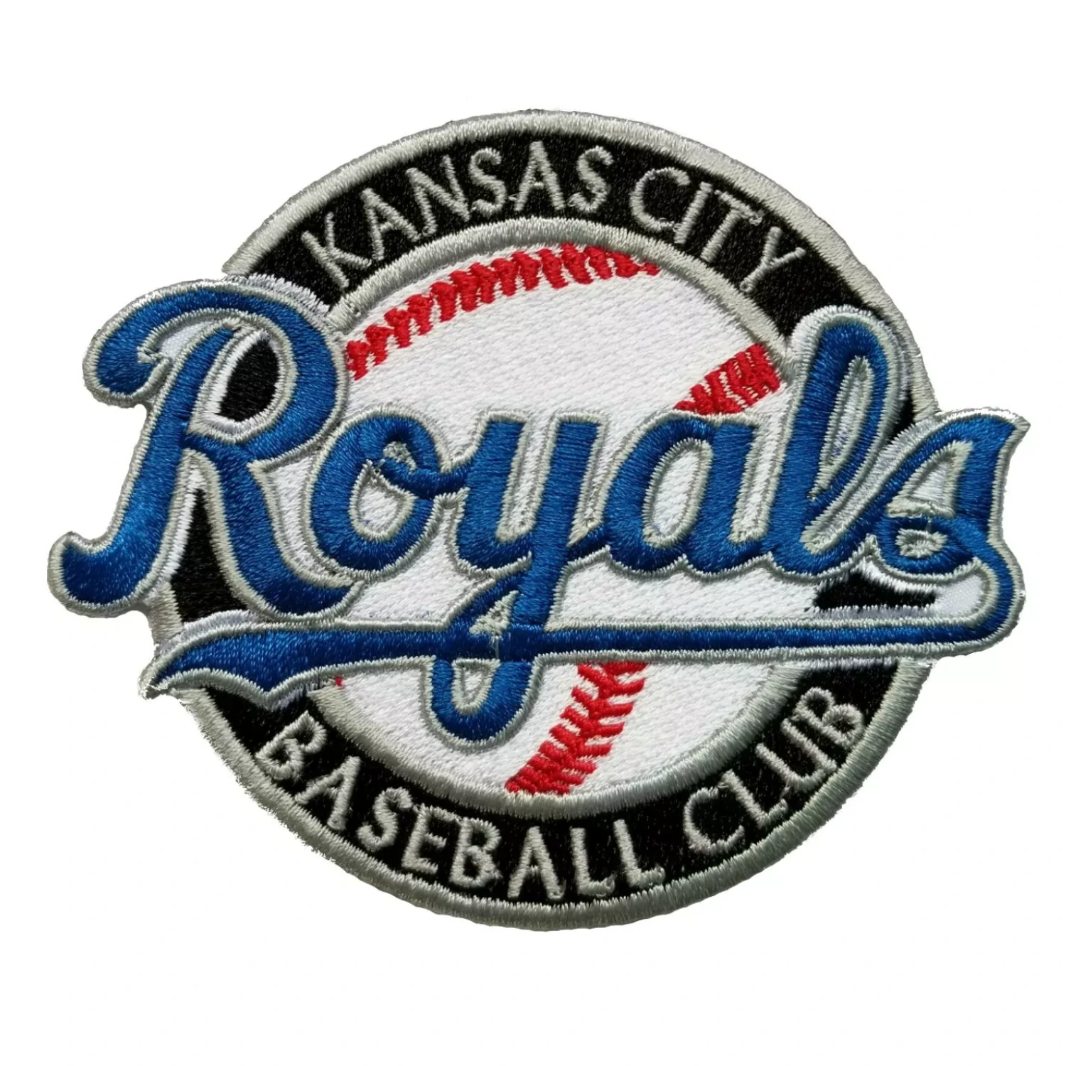 This embroidered Kansas City Royals Baseball Club patch featuring a white baseball with red laces, a black outer ring with white text, and a large blue cursive Royals script overlay.