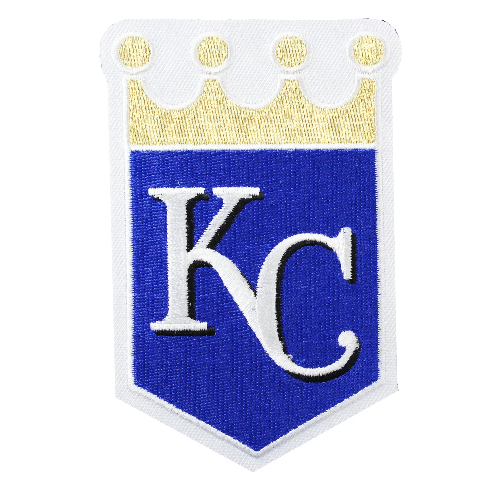 High-density embroidered Kansas City Royals logo patch featuring a royal blue shield with white interlocking KC initials, topped with a detailed golden crown.