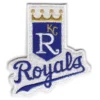 This embroidered Kansas City Royals logo patch showcasing a royal blue crown shield with a white 'R' above a prominent blue cursive 'Royals' script on a white background.