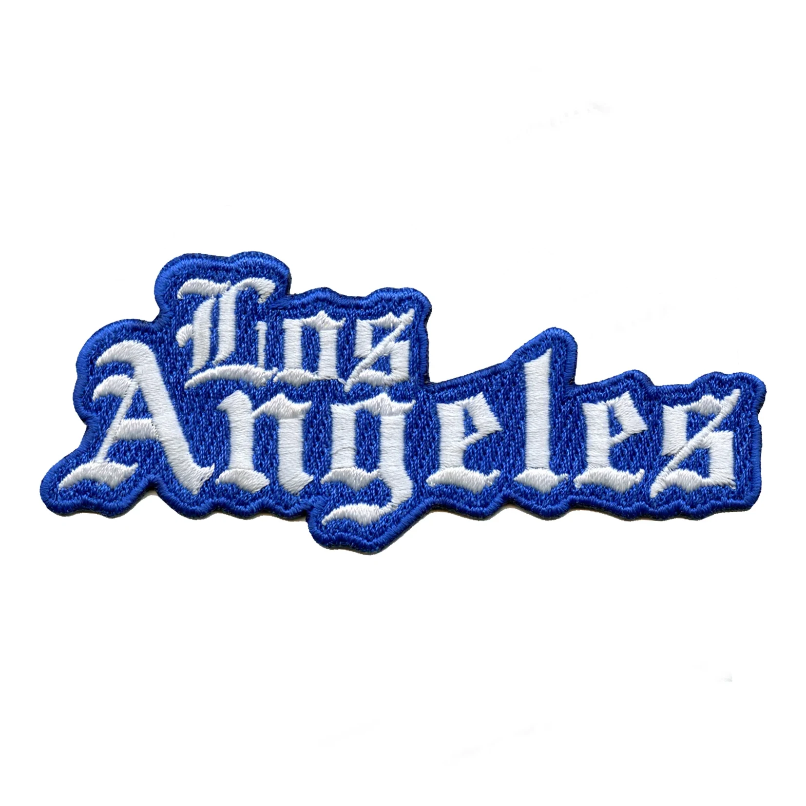 This embroidered sports patch featuring the words Los Angeles written in a stylized white Gothic script font over a solid royal blue background.