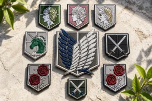 Attack on Titan military patches displayed in front of the walls with the Colossal Titan in the background during daylight