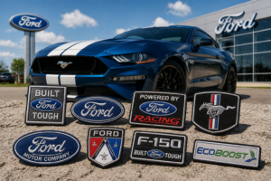 Ford car brand patches and embroidered emblems displayed with a classic Ford vehicle in the background under bright daylight